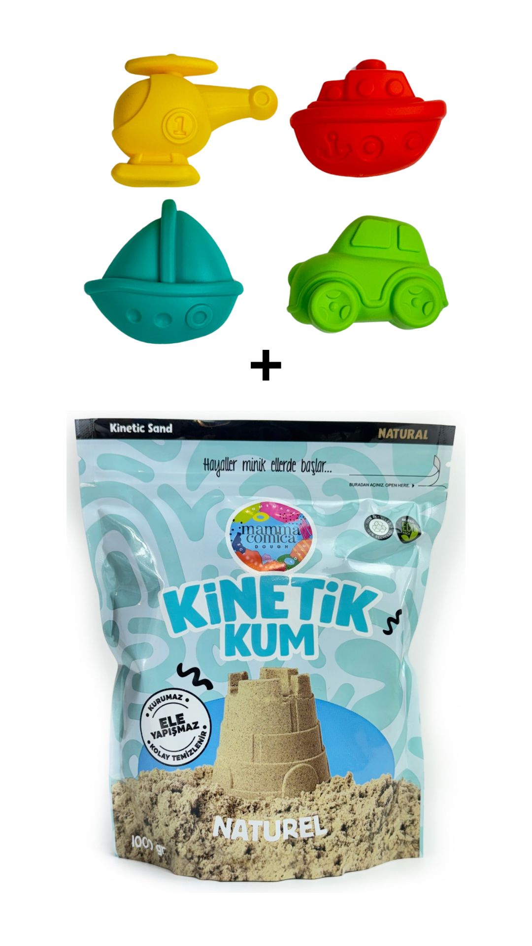 Naturel Kinetik Kum (1000g) + Taşıtlar Seti – Mammacomica