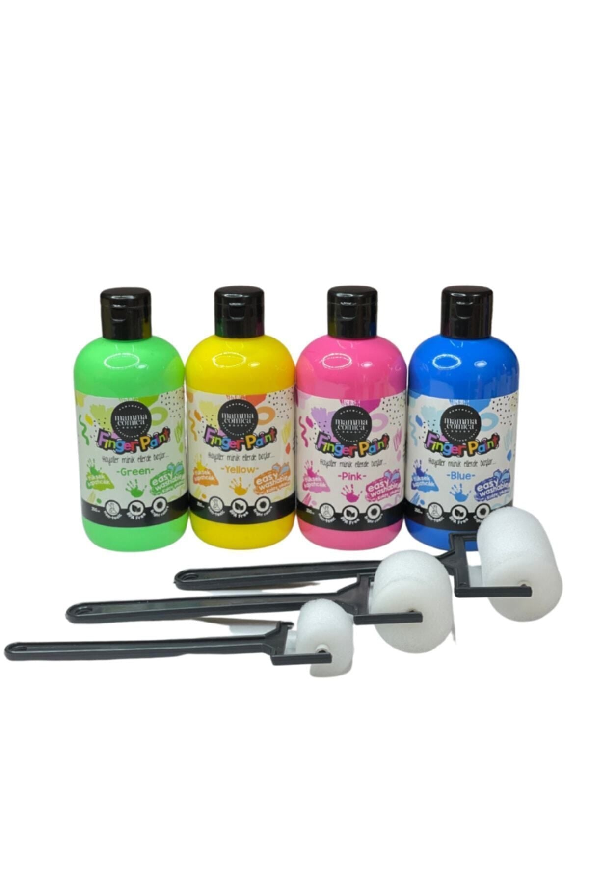 4'lü Mammacomica Yıkanabilir Parmak Boyası-4* 250ml- 3'lü Sünger Roller