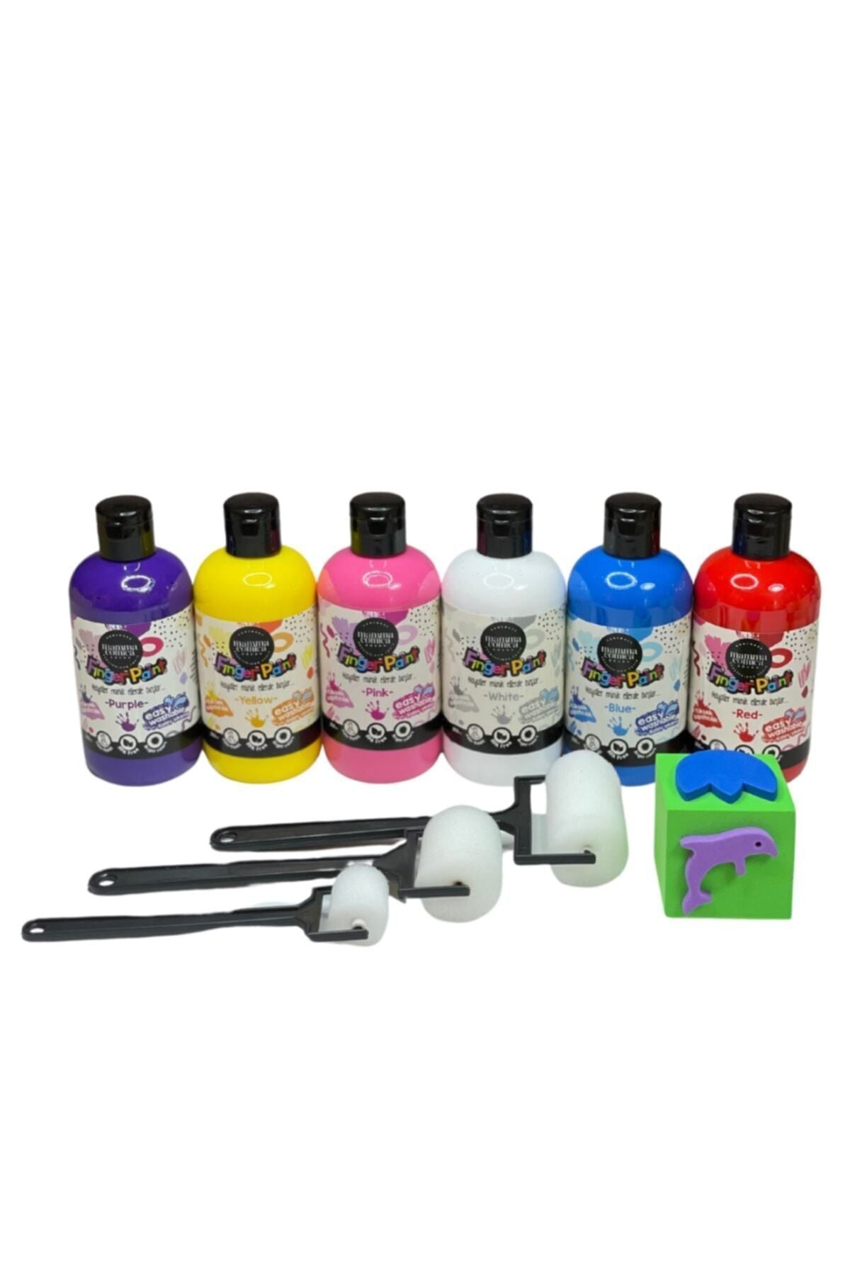 6'lı Mammacomica Yıkanabilir Parmak Boyası-6* 250ml- 3'lü Sünger Roller- Eva Küp