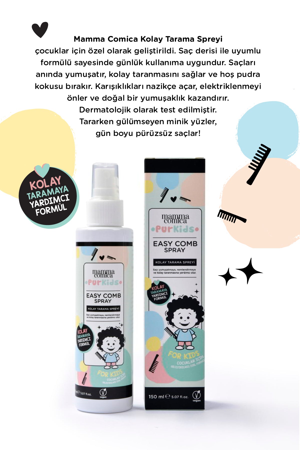 PurKids Bebek Çocuk Kolay Saç Tarama Spreyi 150 ml- Pudra Kokulu Elektriklenme ve Isı Korumalı